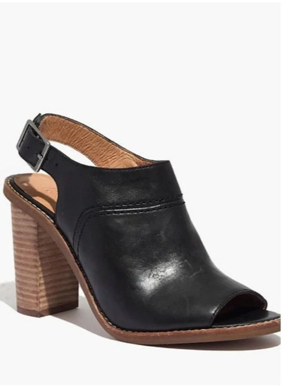 Madewell The Marie Black Leather Slingback Wood Heel Sandal ** Size 9
